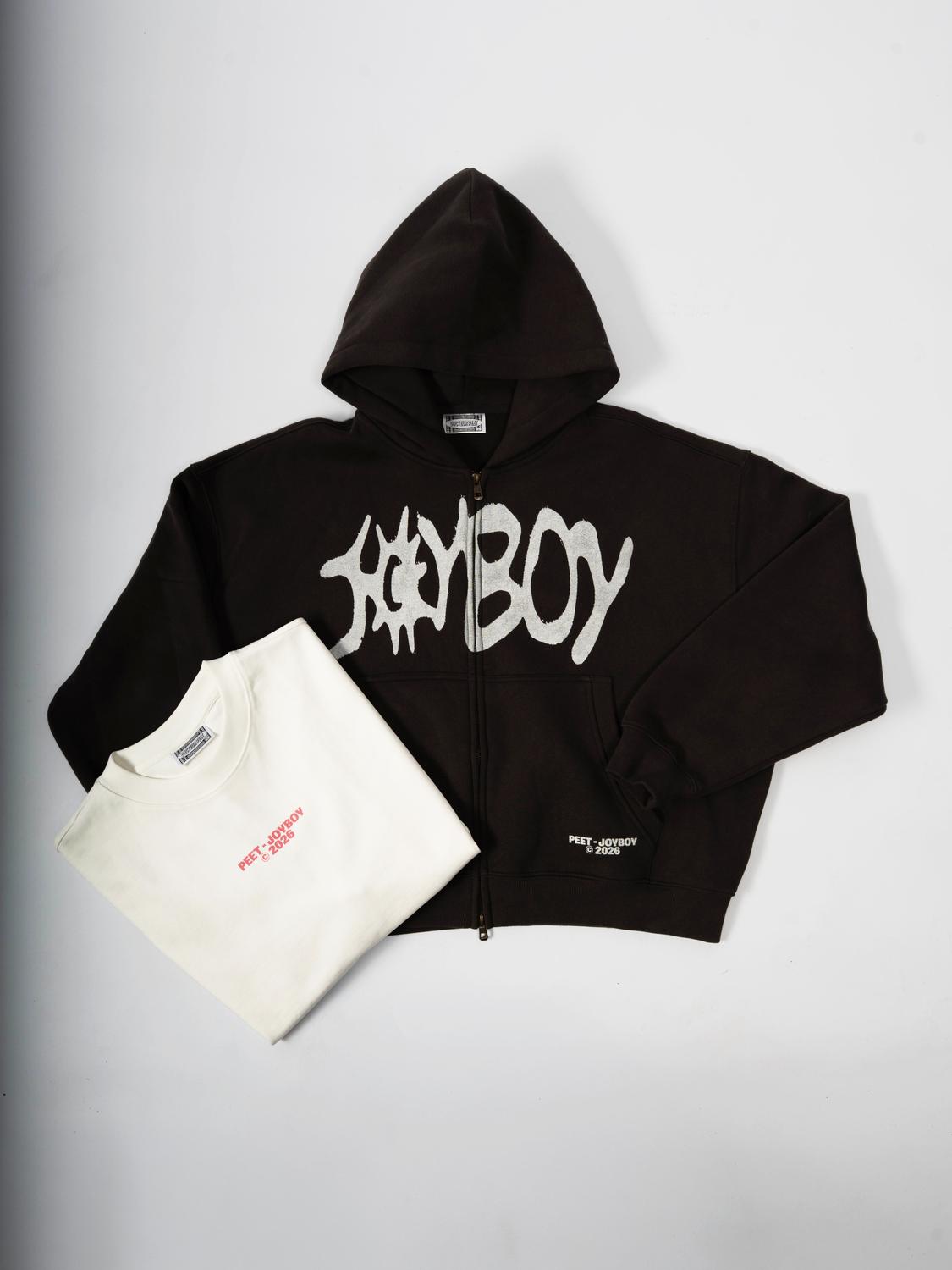 Sweat zippé Joyboy et t-shirt blanc pliés à plat